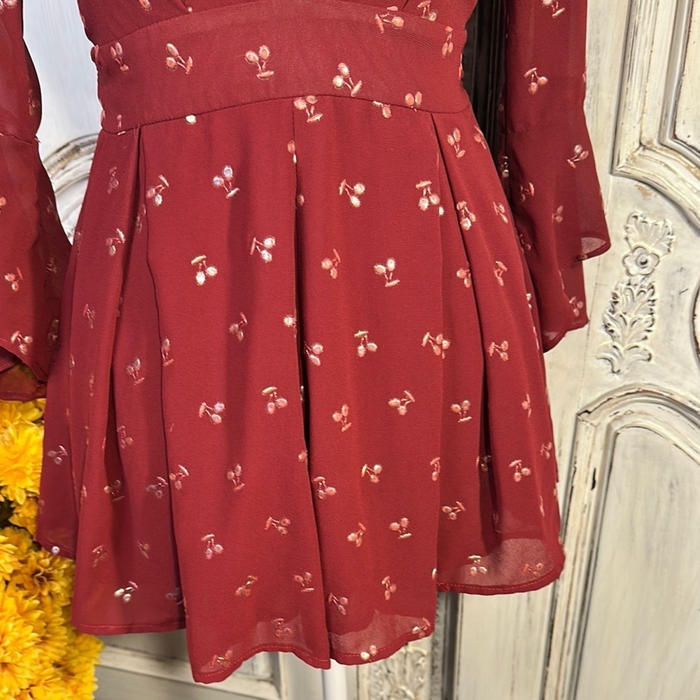 Ruby Red Ruffled Sheer Romper With Plunge Necklin… - image 3